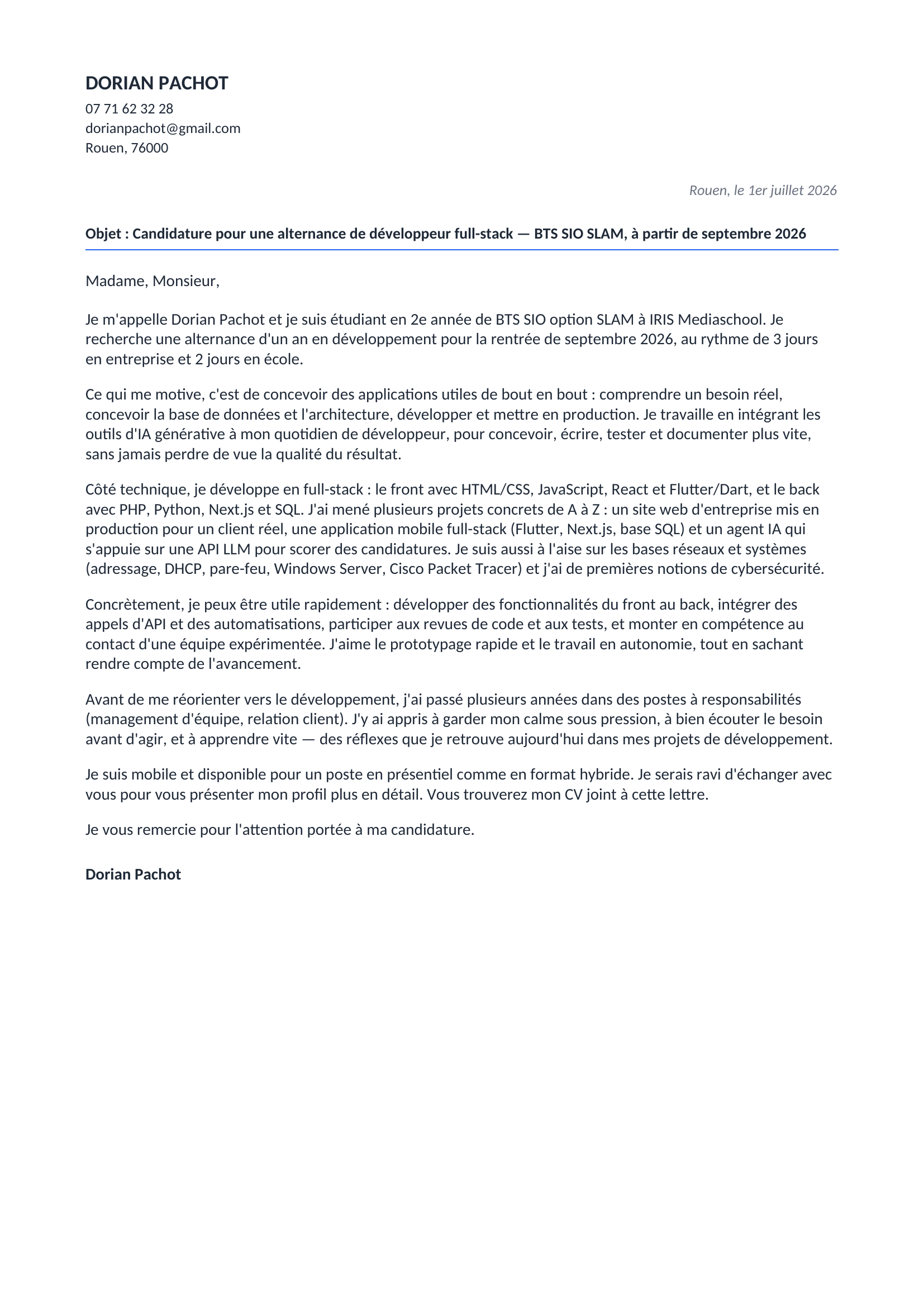 Lettre de motivation de Dorian Pachot.