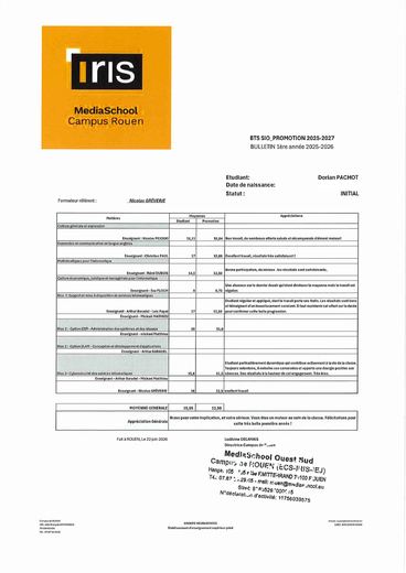 Aperçu : Bulletin de première année
