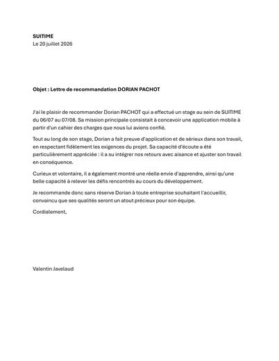 Aperçu : Lettre de recommandation