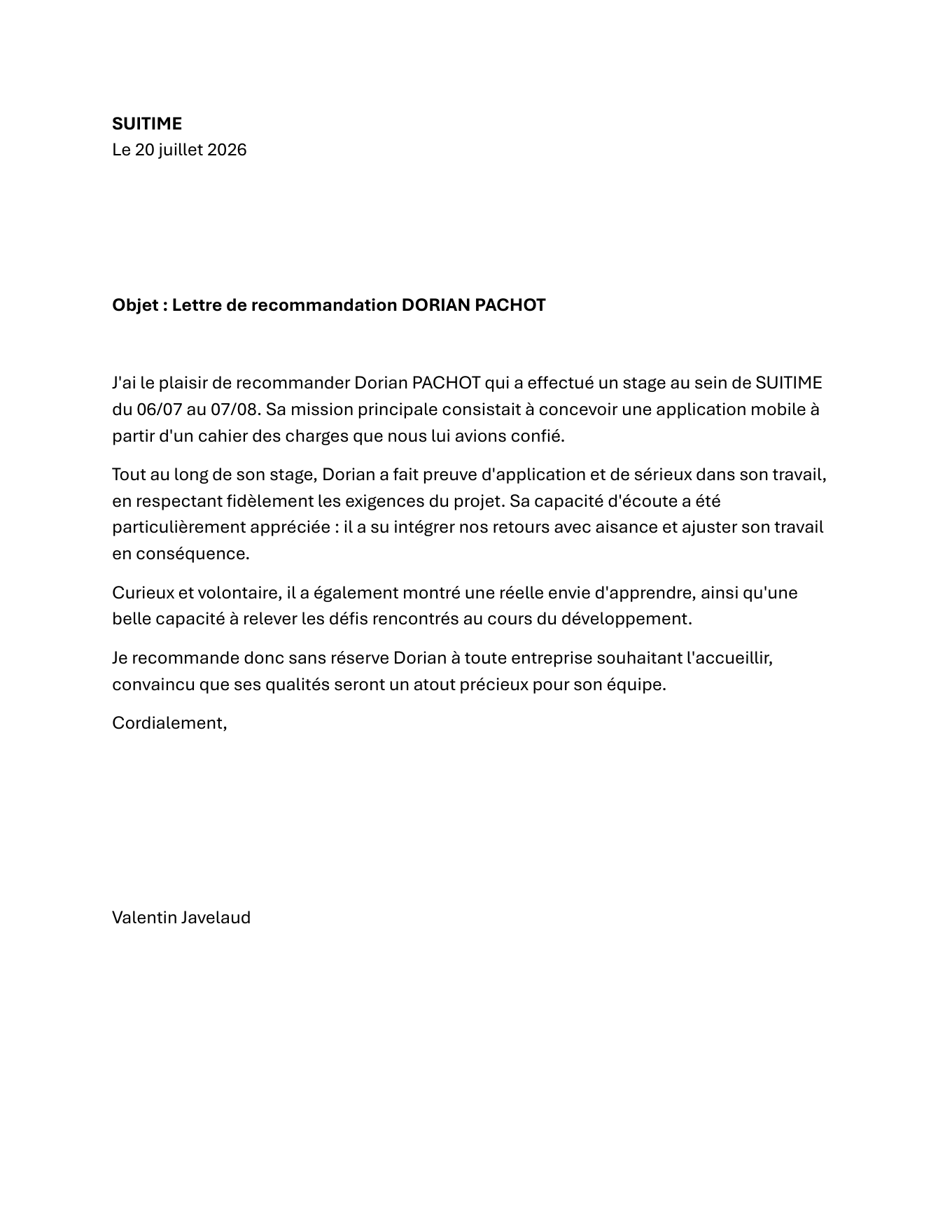 Lettre de recommandation de Suitime du 20 juillet 2026. Signature retirée pour la version en ligne.